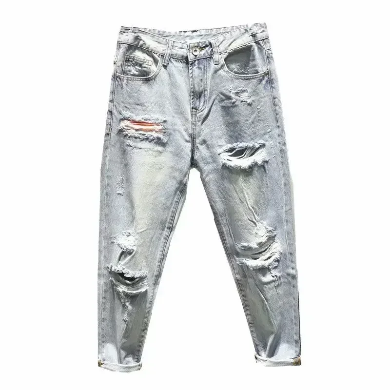 Men's Jeans with Holes Cowboy Pants Cropped Harem Hip Hop Trousers Torn Ripped Broken Retro Classic Trend Korean Style men jeans,ripped jeans,ripped patchwork jeans