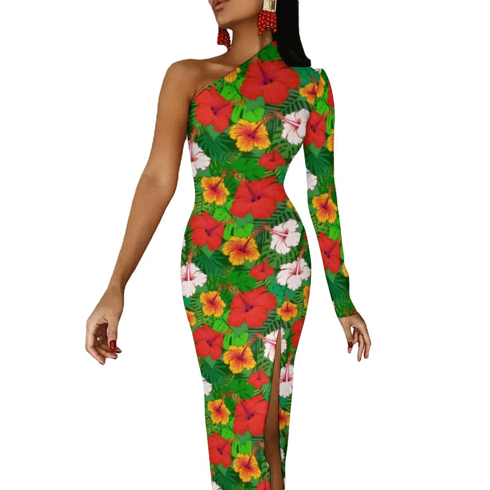 Colorful Bright Flowers Bodycon Dress Autumn Hawaiian Tropical