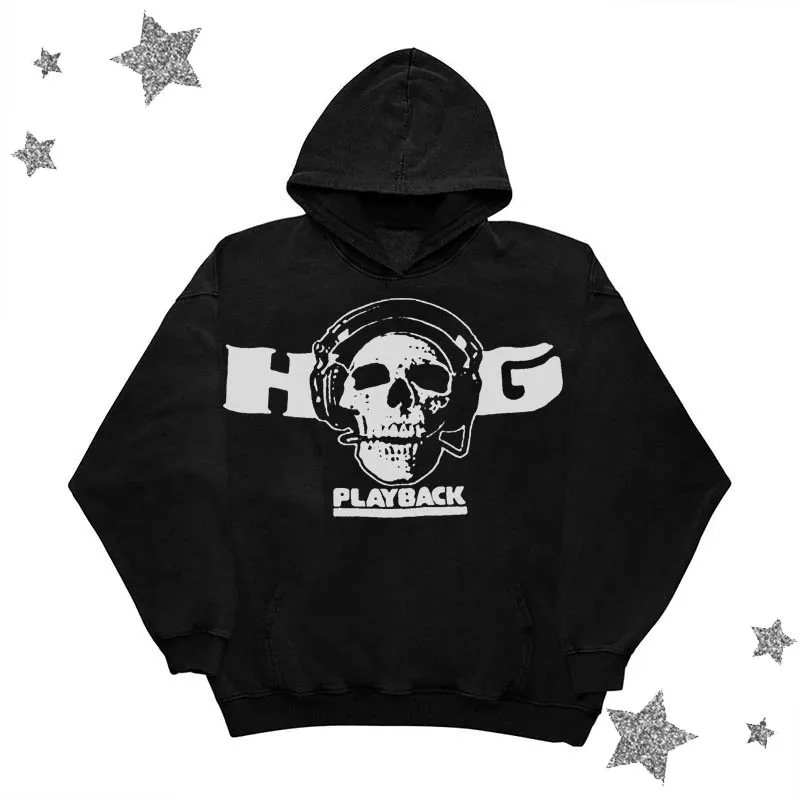 

2023 New Men's Hooded Loose Streetwear Oversize Sweatshirt Gothic sukll Print Pullover long sleeve sweat emo men y2k clothes top