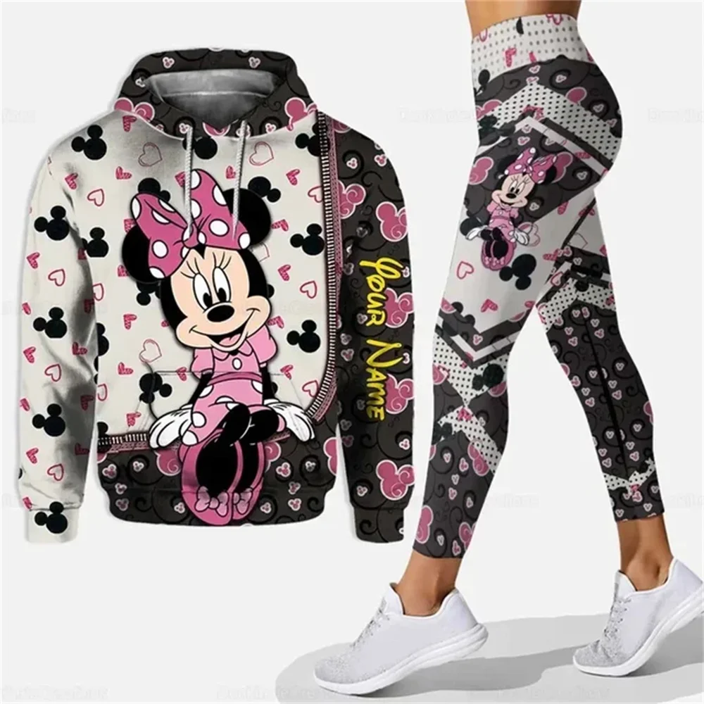 Disney-Sweat à capuche imprimé Minnie Mouse pour femme, ensemble à capuche 3D, pantalon de yoga Minnie, leggings, mode décontrac 6