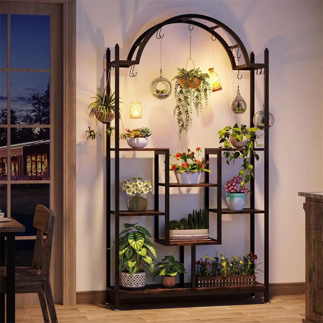 Tall Indoor Plant Stand Arched Metal Flower Rack with Hanging Hook Multi-Purpose Large Storage Shelf