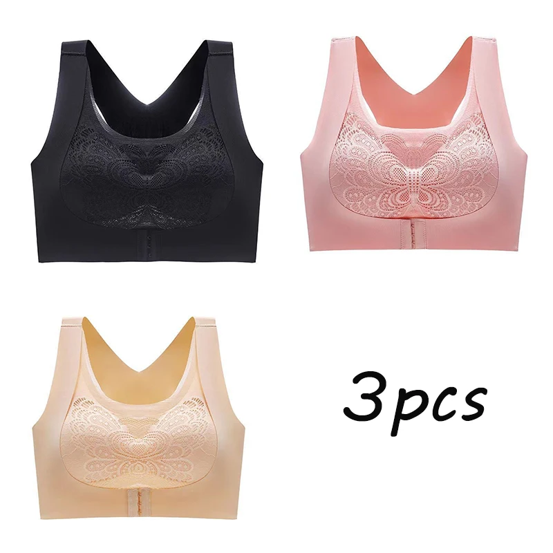 3PCS Women Lace Bras for Women Push Up Bra Posture Corrector Bralette Front  Closure Female Underwear Drop Shipping