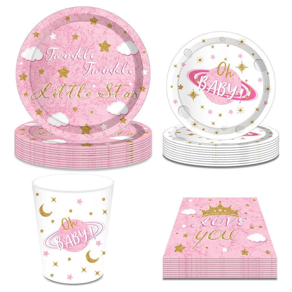 

Pink Oh Baby Girl Disposable Tableware Sets Little Star ONE First Birthday Party Plates Napkins Baby Shower Party Dish Supplies