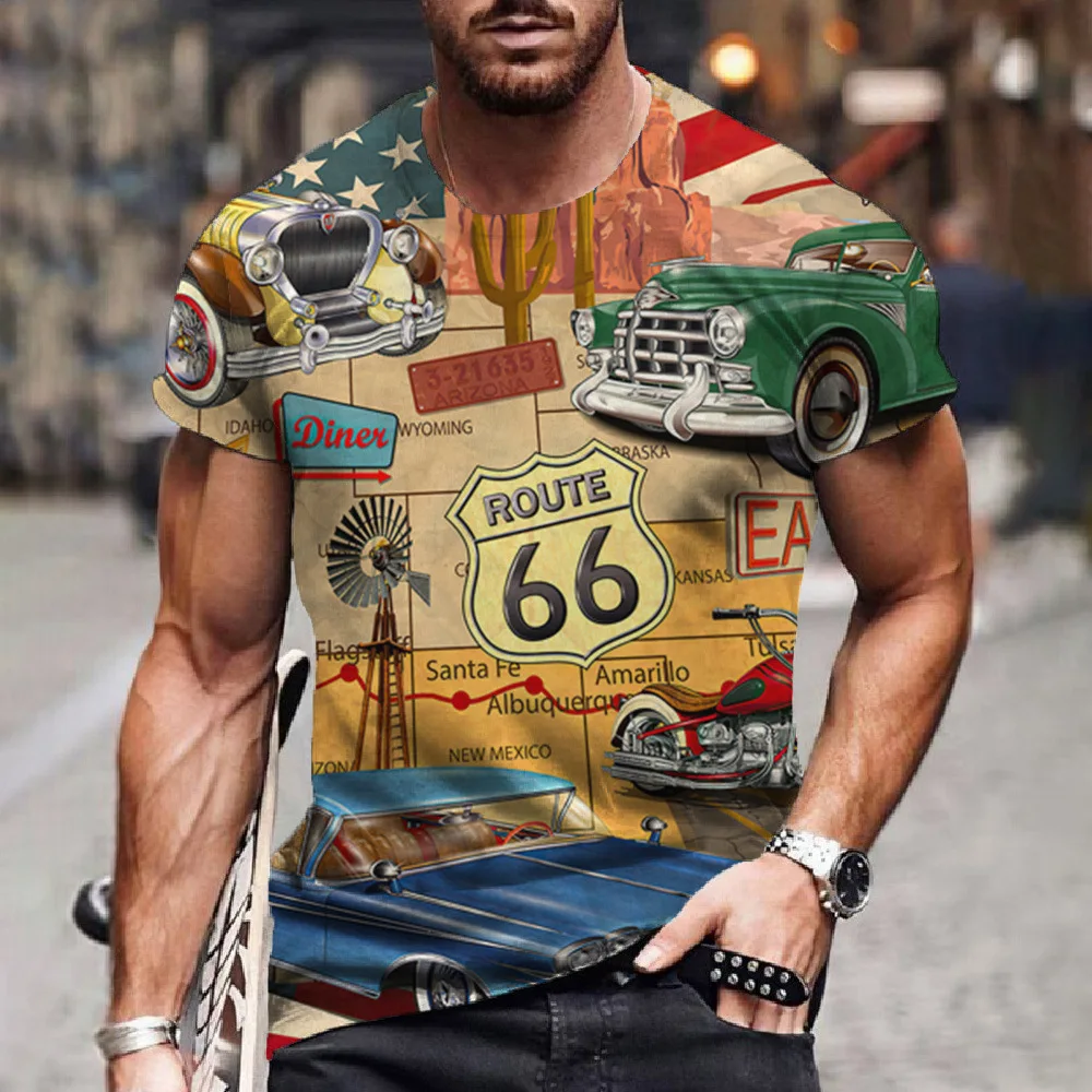 

Men's Shirts Route 66 Bus Print Tshirts Summer Man O-Neck Tees Top Holiday Male Casual Short Sleeve Shirt Oversized Clothing 6xl