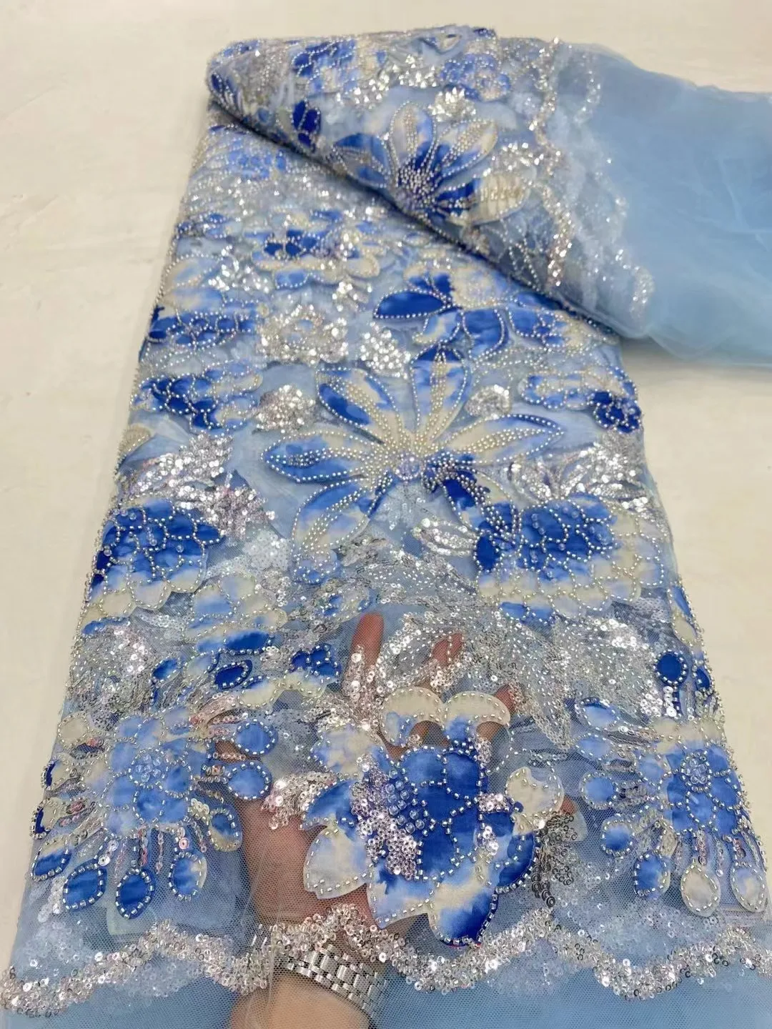 

Blue Latest African Sequins Lace Fabric High Quality Tulle Lace Embroidery Beads Lace Fabrics 5 Yards For Wedding Party Dresses