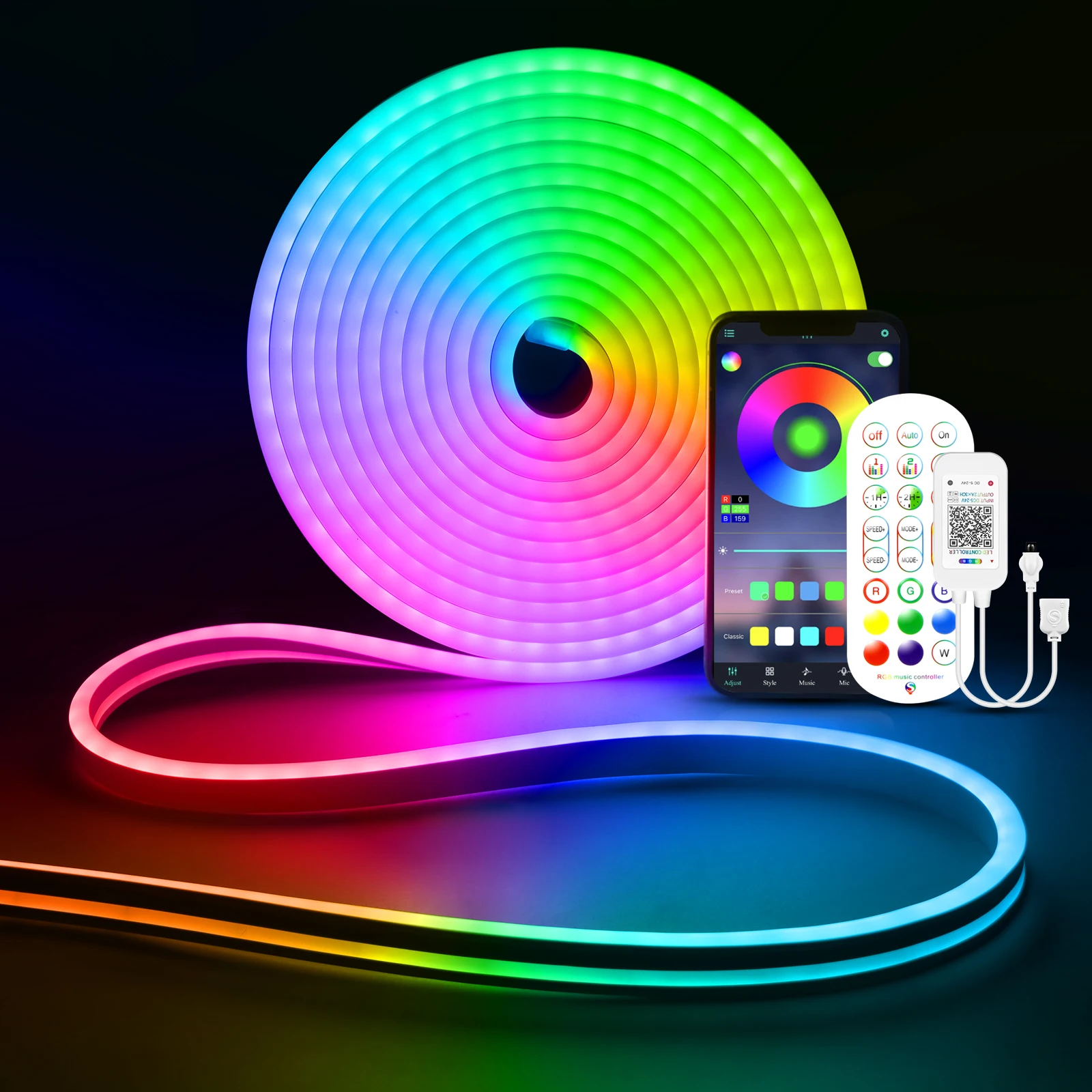 Description Picture 2 of itemEU Plug DC12V/24V RGB Neon LED Strip，1/2/3/4/5/10/15M Neon RGB Strip With Bluetooth/Remote control for Home Neon Decor Lighting