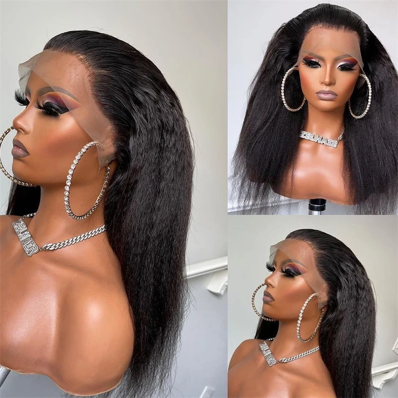 

Soft Natural Black Glueless 26“Long 180Density Kinky Straight Lace Front Wig For Women With BabyHair Preplucked Daily Cosplay