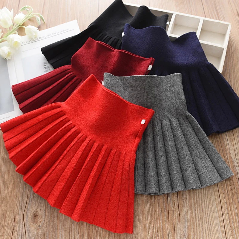 

Girls' Knitted Pleated Short Skirt Winter Children's High Waist Elastic A-line Skirt 3-12T