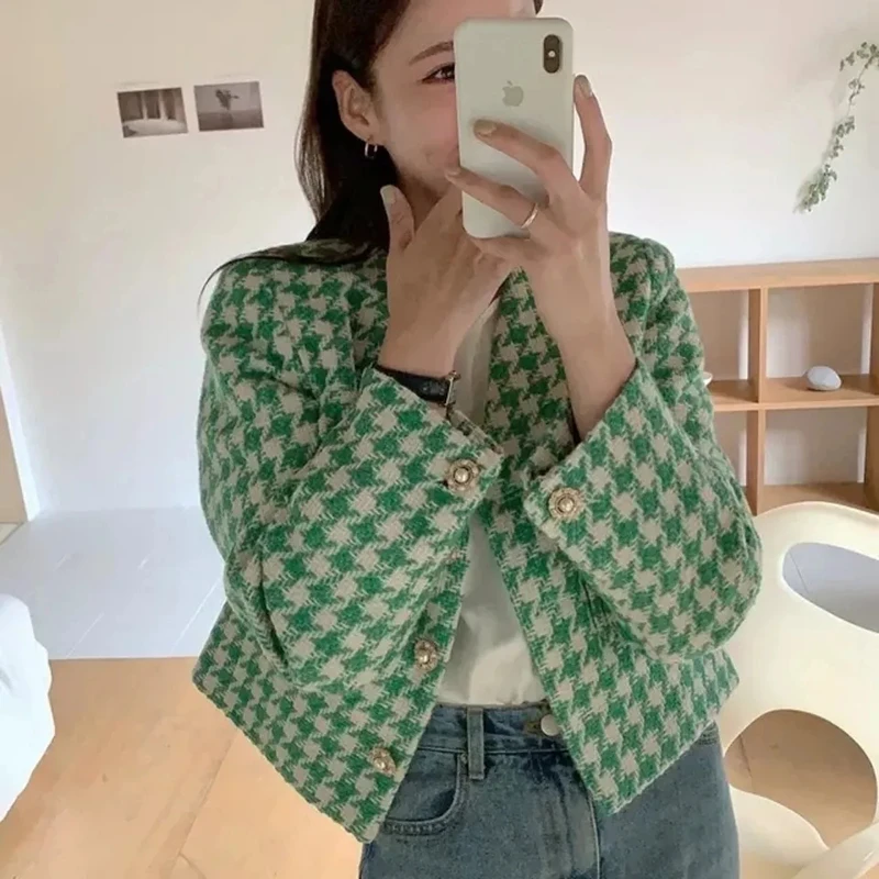 

Korean Style Chic Temperament V-Neck Short Jacket Pearl Buttons Design Long Sleeve Houndstooth Tweed Jackets Women Fashion Coat