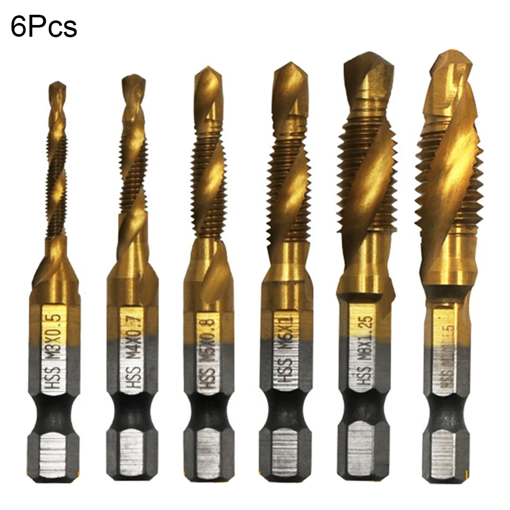 

6pcs Tap Die Drill Bit 4341 HSS Tap Die Drill Bits 1/4 Inch 6.35mm Hex Shank Screw Thread Wood Worker Hole Cut Spiral Tapping