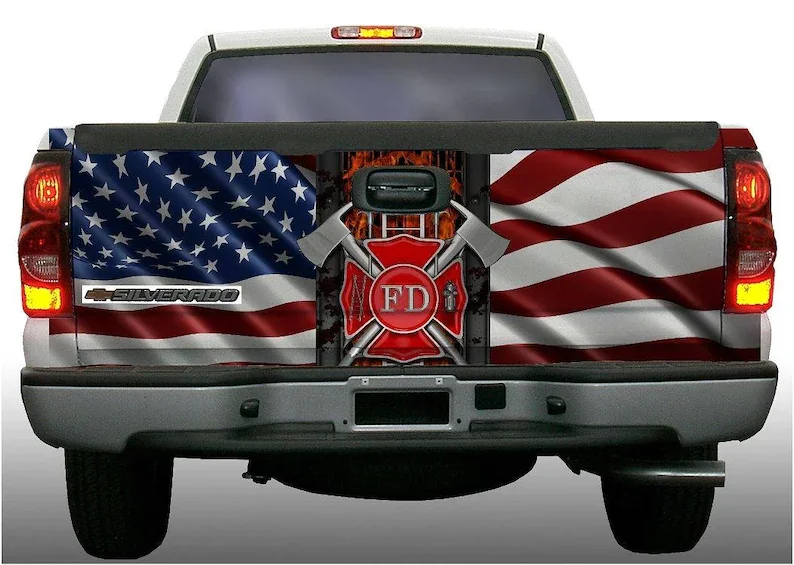

American flag firefighter crest tailgate wrap vinyl graphic decal