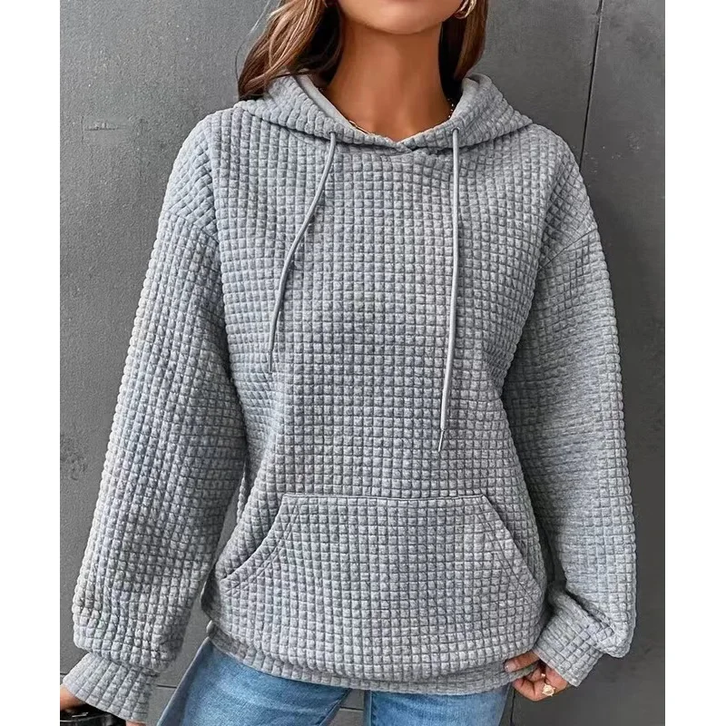 2023 Autumn Winter New Solid Color Hooded Drawstring Long Sleeve Sweatshirt Women Fashion Pocket All-match Waffler Pullovers