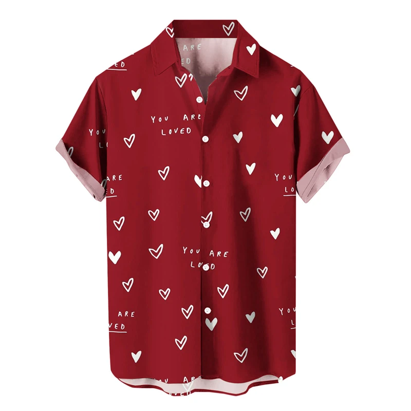 thumbnail image 1 of Camisa casual de moda para hombre con estampado 3D de patrón de amor y solapa estilo hawaiano, manga corta, ropa de playa transpirable, 1 of 5