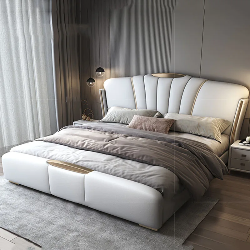 

Leather Modern Nordic Double Bed Base Wrap Leg Full Size Headboard Bed Frame Girl Storage Safe Camas Bedroom Furniture