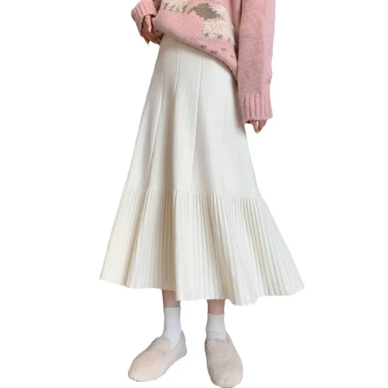 Maternity Knitted Pleated Mini Skirt High Waist No Belly Support Slimming Mid-Length A- Line Umbrella Skirt Autumn Winter New St