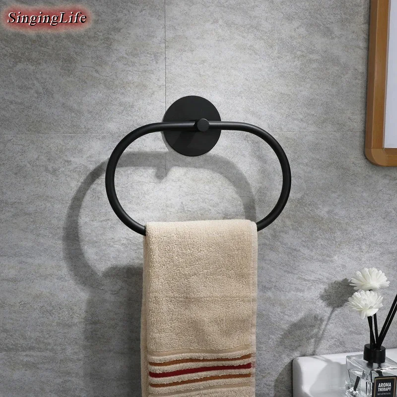 Stainless Steel Towel Ring Oval Towel Hanging Ring Bathroom Holder Hangers Hole-free Adhesive Hang Storage Accessories
