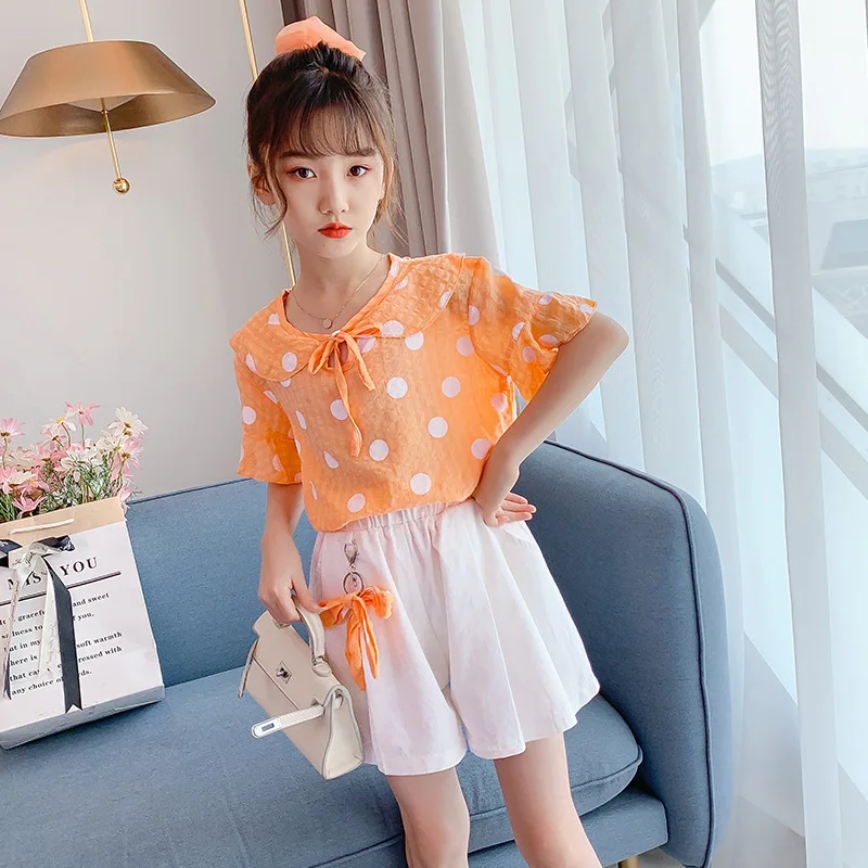 

New Fashion Clothes Child Girl Summer Doll Collar Polka Dot Print Pullover Top + Loose Shorts with Bow 2pcs Teens Clothing 4-14Y