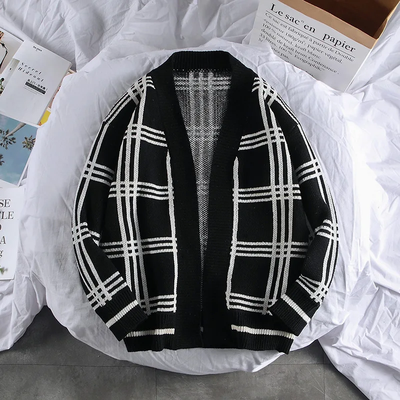 Black and White Plaid Knit Shirt Men's Lazy Style Loose and Thick Sweater Color Matching Student Couple Cardigan Jacket 2023 New