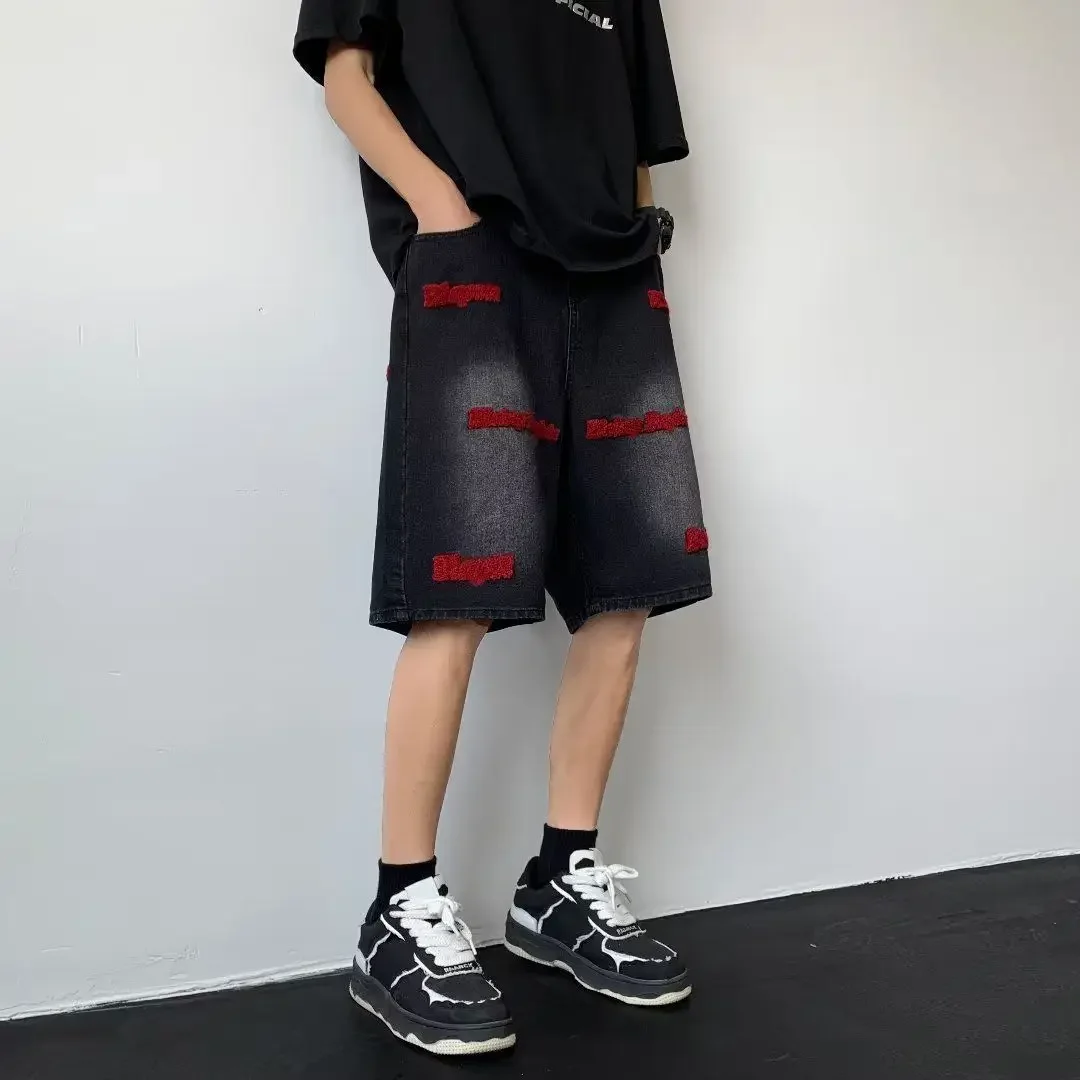 Denim Shorts Summer Jeans Shorts American style men embroidered retro high street washed fashion Instagram hip-hop sports