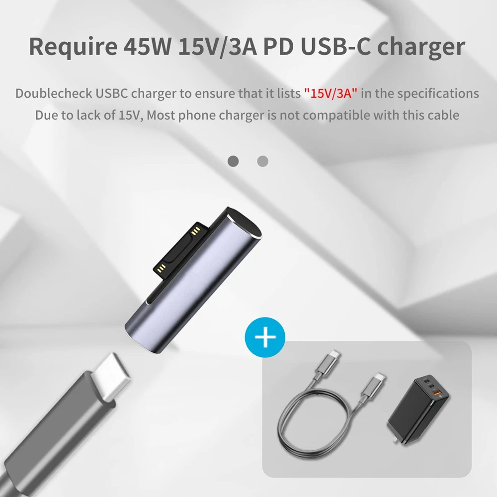Type C PD Fast Charging Converter Compatible with Microsoft Surface Pro 6 5 4 3 Book Tablet USB-C Charging Adapter Only
