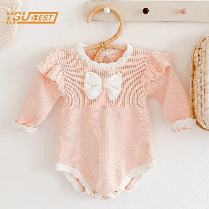 

0-3Yrs Autumn Kids Baby Girls Long Sleeve Bowknot Knit Jumpsuit Infant Baby Girls Clothes Newborn Baby Girls Rompers
