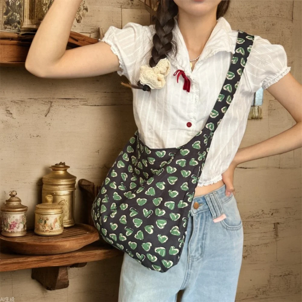 Floral Canvas Shoulder Bag For Woman Flower Print Shopping Tote Versatile Open Top No Lining Spring Summer Crossbody Bag