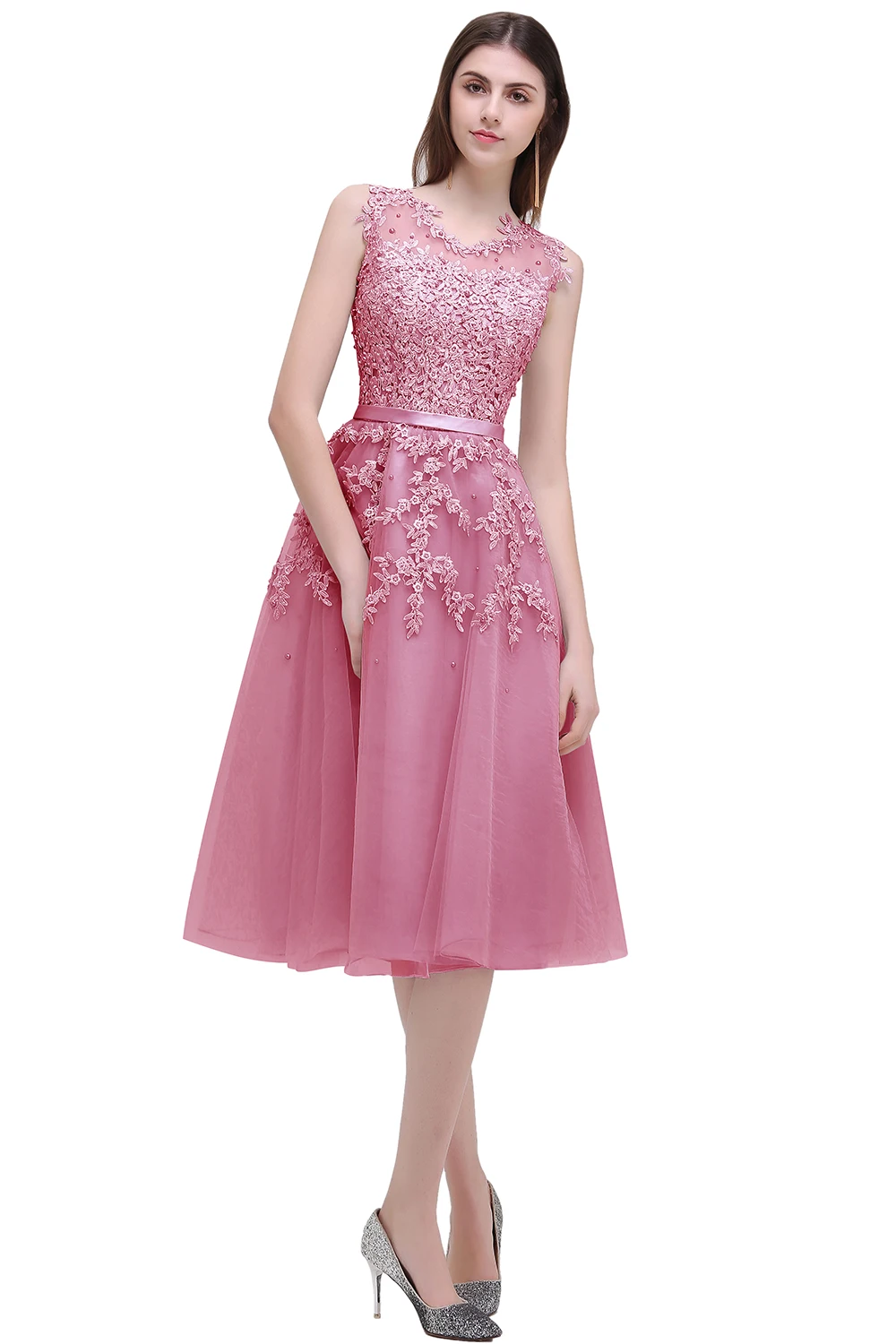 FATAPAESE Dust Pink Cocktail Knee-Length Lace Appliques Top Flower and Pearls Short Prom Dress Party Dresses Sexy Tulle Gown