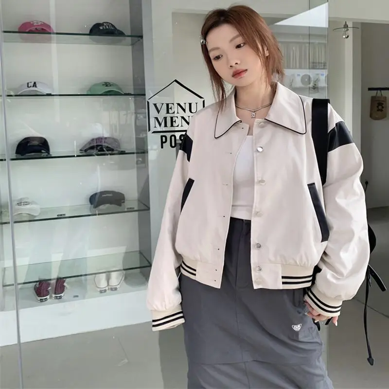 

2022 Contrast Jacket Panel Leather Short Bomber Coat Versatile Loose And Slim Free Shipping