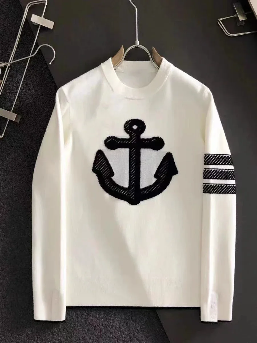 

TB THOM Men's Sweaters 2023 Luxury Brand Fashion Knit Tops Classic Stripes Kawaii Anchor Pattern O-Neck Pullovers Daily Sweater