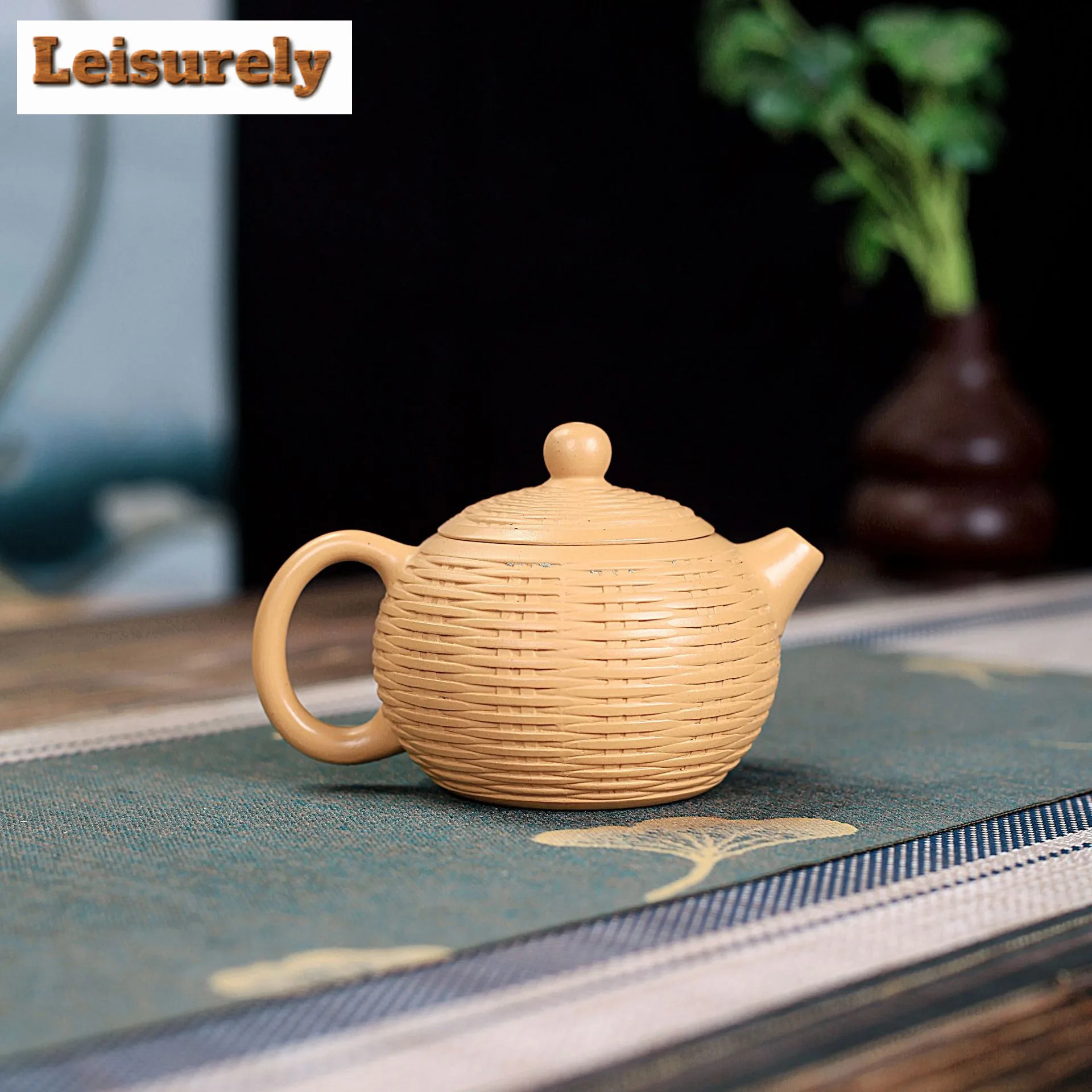 220ml Classic Yixing Purple Clay Teapots Handmade Bamboo Weaving Xishi Pot Raw Ore Gold Section Mud Kettle Zisha Tea Set Tea