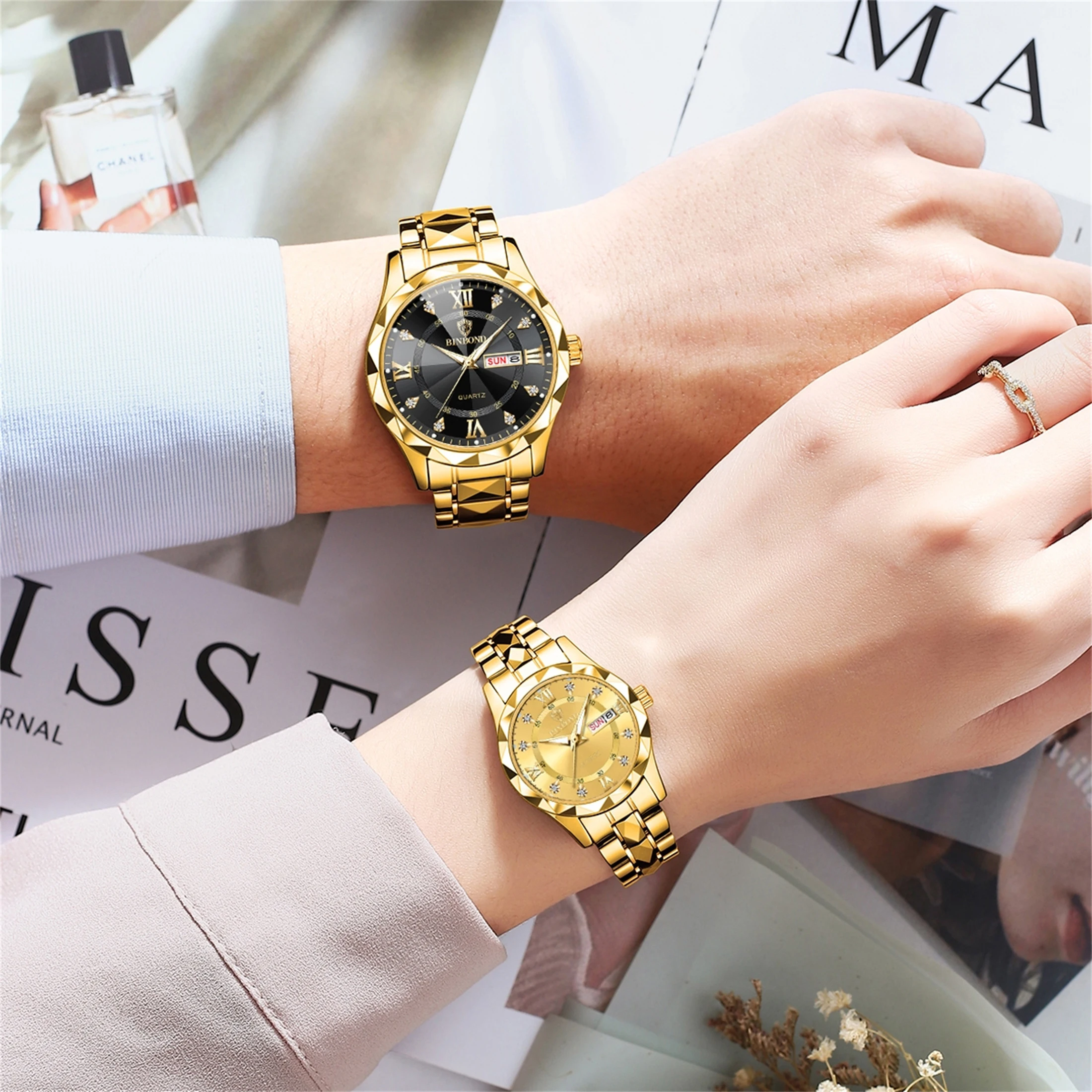 2pcs/set Couple Watches 30M Waterproof Fashion Valentine's Day Gift Stainless Steel Crystal Watch Men Women Quartz Watch 2521