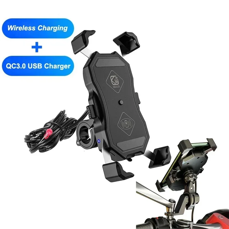 Wireless Motorcycle Phone Holder with Fast Charging 15W Qi/USB