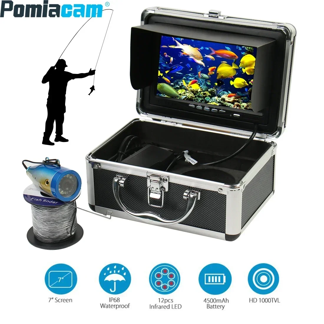 Câmera subaquática para pesca, câmera impermeável para gelo, mar, rio, FishFinder, 7 Polegada, 1000TVL, IP68, 15m, 30m, 50m