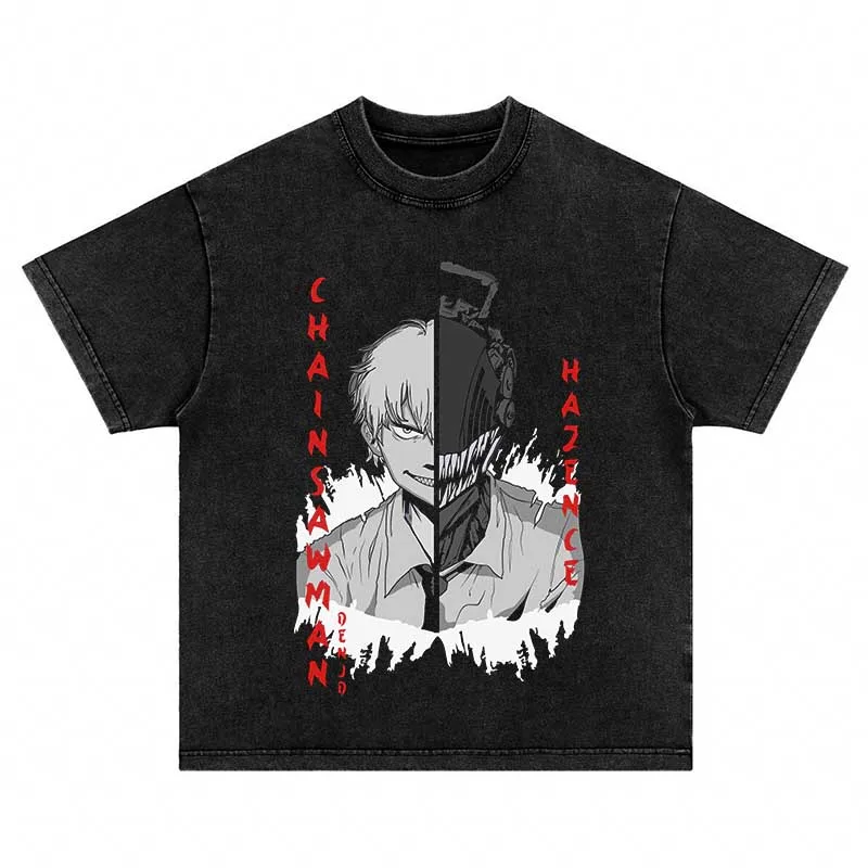 

Harajuku Casual Tops Y2K Clothes Men T-shirt Anime Chainsaw Man Cotton Washed T Shirt Unisex Streetwear Retro Oversized Tees