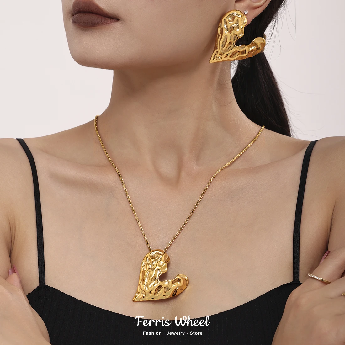 Einzigartige Herz Anhänger Damen Lange Halskette Ohrringe Set Edelstahl Kette Mode Charme Schmuck Großhandel