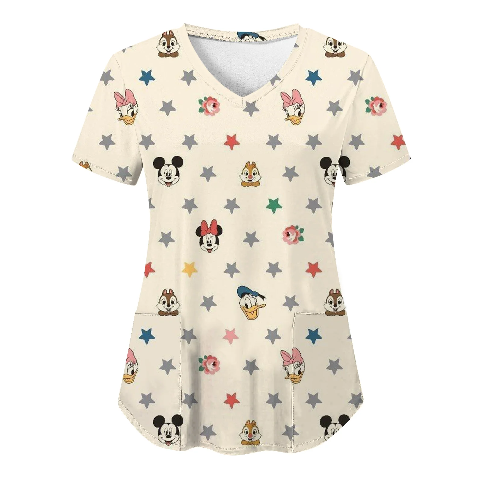 T Shirts Pocket Woman Clothes Minnie Mouse Shirt Summer T-shirts Nurse Uniform T-shirt Mickey Top Women 2023 Disney Tops V Neck