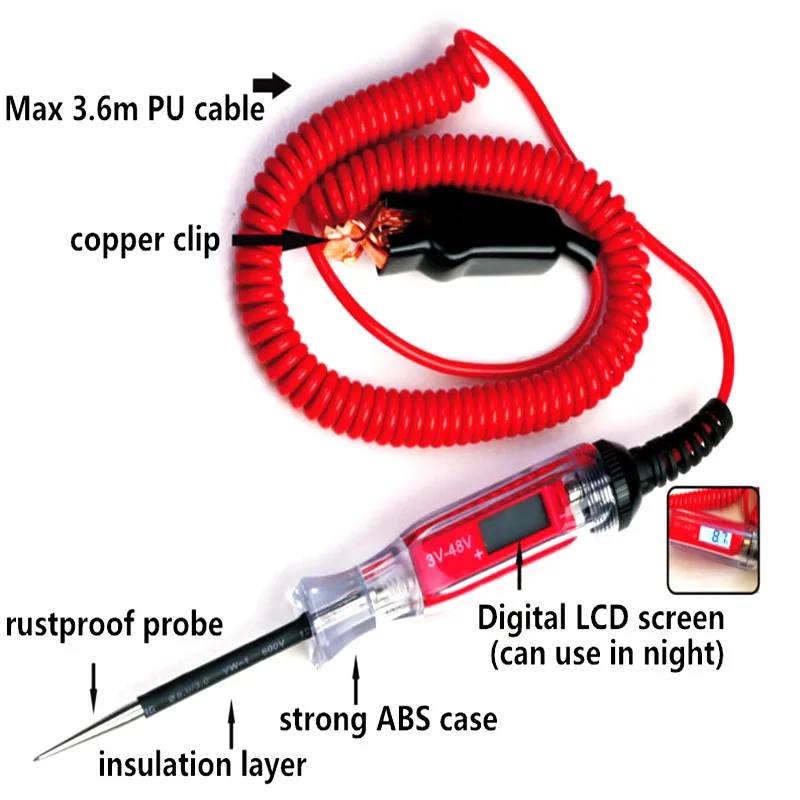 Universal 3-48V Automotive LCD Digital Circuit Tester Voltage Meter Pen Car Truck Circuit Scanner Power Probe Diagnostic Tool