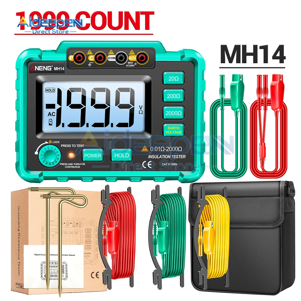

Digital Insulation Resistance Tester MH14 Auto Ranges Megohmmeter 0.01-2000Ohm Resistance Tester 1999 Count LCD-Display