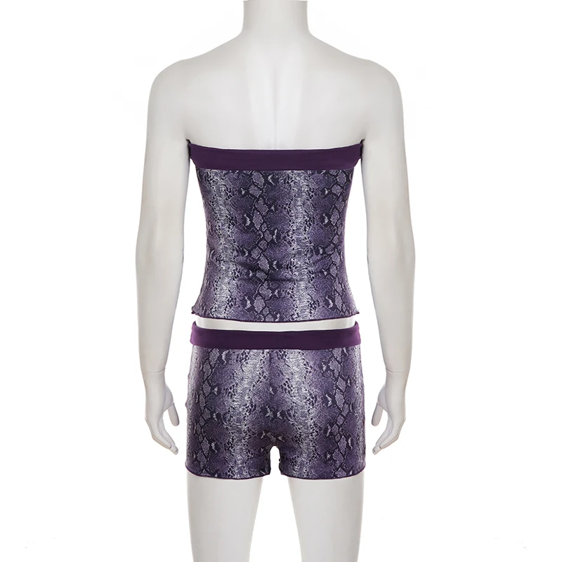 Women’s Sexy Purple Snakeskin Print Sets Tube Top and Bodycon Shorts Strapless Two Piece Matching Lounge Outfit Y2K Slim-Fitting 6