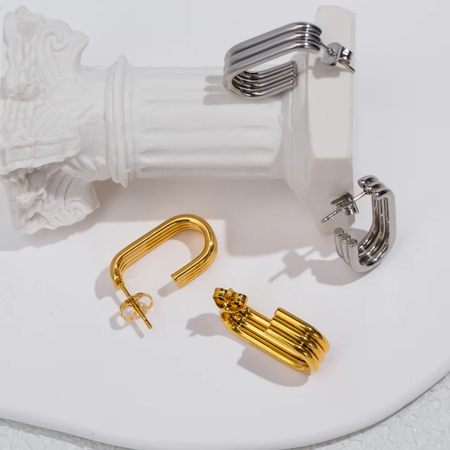 Three Layer J-shaped Stainless Steel Earrings for Woman Simple Design Style Jewelry To Showcase Personality 4