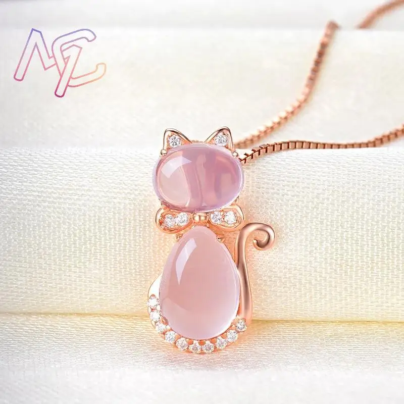 Pink Natural Jade Cat Pendant Necklace Stone Gifts for Women Real Jewelry Rose Gold Plated Charm Fashion Accessories Designer pendant necklace