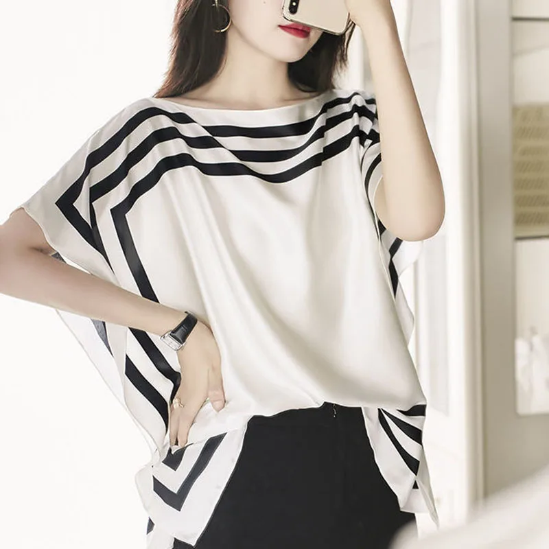 

Elegant Slash Neck Batwing Sleeve Striped Blouse Women's Clothing 2023 Spring New Casual Pullovers Loose Office Lady Shirt