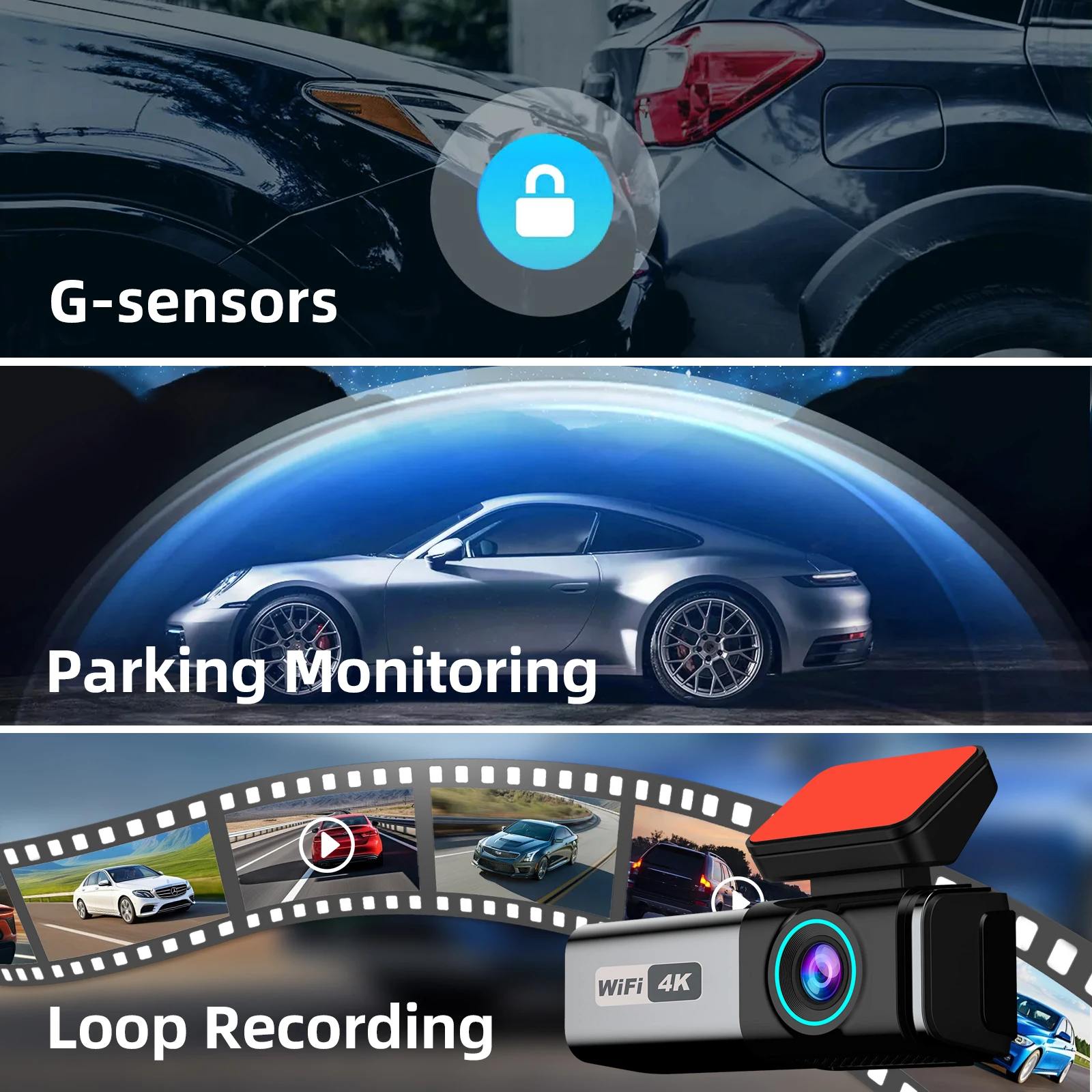 4K WIFI Dash Cam 2160P Car DVR Support front & rear lens Night Vision G-Sensor 24H Parking Monitor