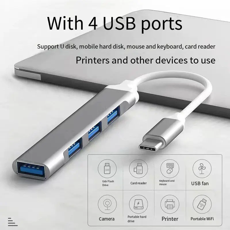 High-Speed USB-A to Type-C 4-Port Hub Adapter with 5Gbps Data Transfer