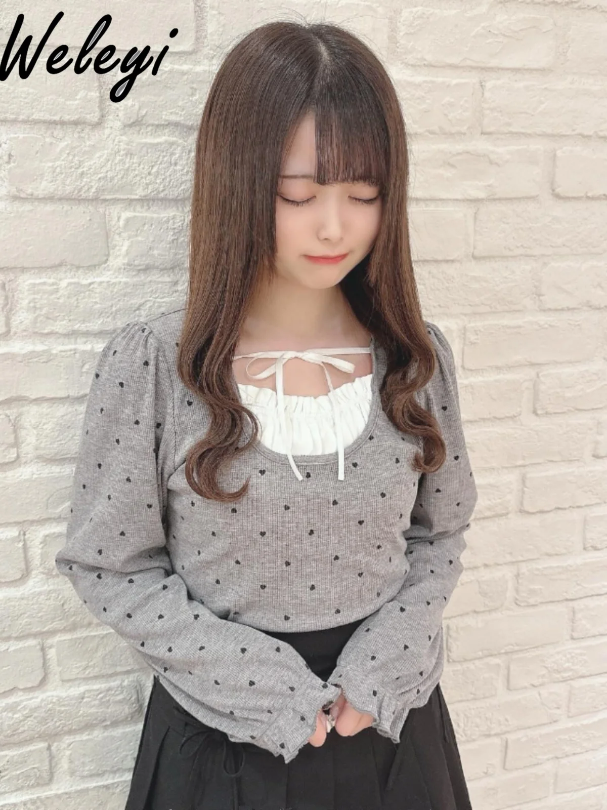 

Lolita Sweet Tops Women's Spring Clothes Cute Square Collar Minority All Match Simple Stitching Long Sleeved Slim Fit Knitwears