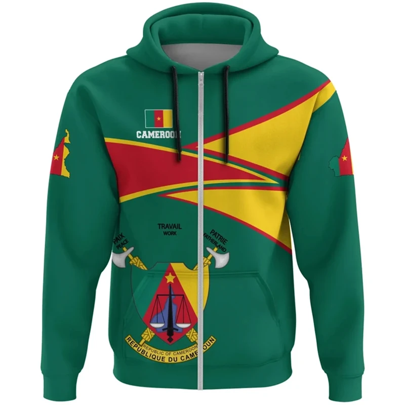 thumbnail image 1 of Sudadera con capucha y cremallera con el emblema nacional del país africano y la bandera de Camerún para hombre, ropa informal deportiva para niño, 1 of 5