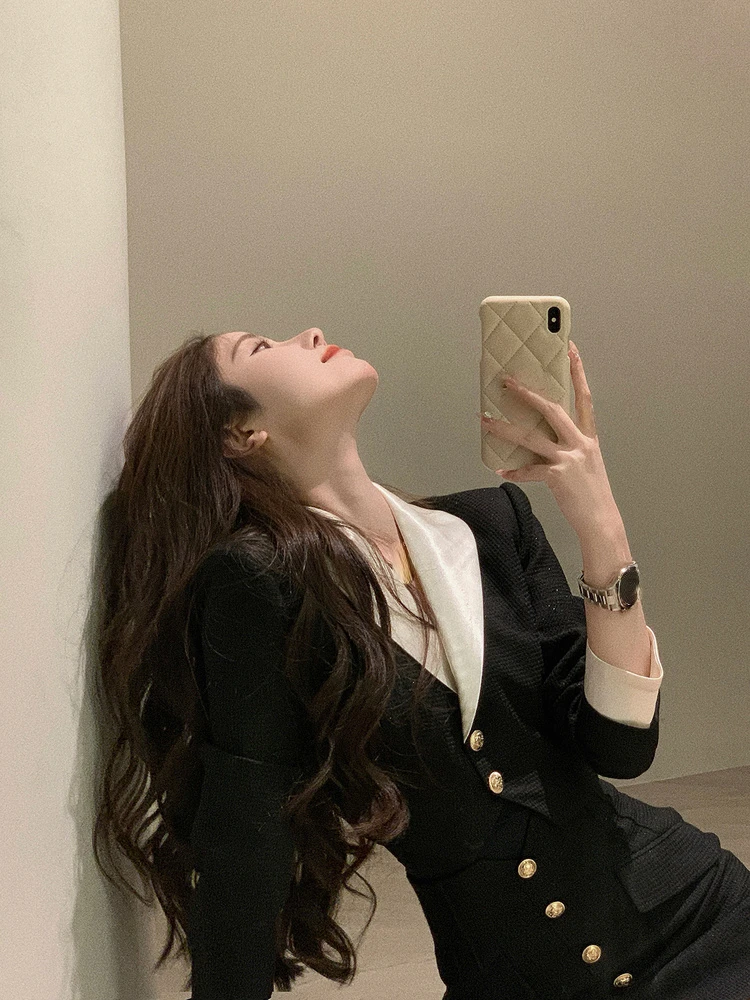 Black Y2k Mini Skirt Set Women Casual Korean 2 Piece Dress Set Crop Tops Jacket Tops + Short Skirts Elegant Suit 2022 Autumn New 6