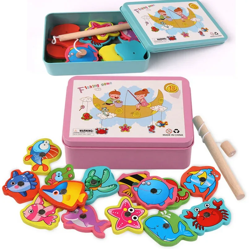 Montessori wooden magnetic fishing toys marine life cognition fish games early educational toy for kids parent-child interactive educational toys fishing toys fishing game