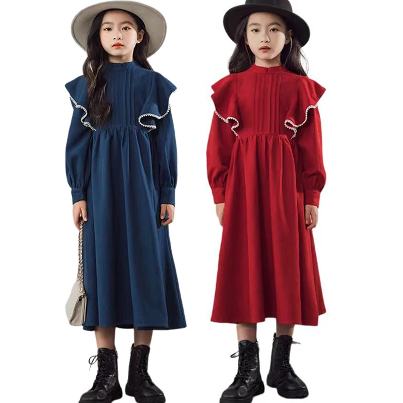 

Girls Red Dress Autumn Winter New Mid Size Children Parent-Child Skirt Ruffle Edge Mid Length Foreign Princess Clothing 6-16Year