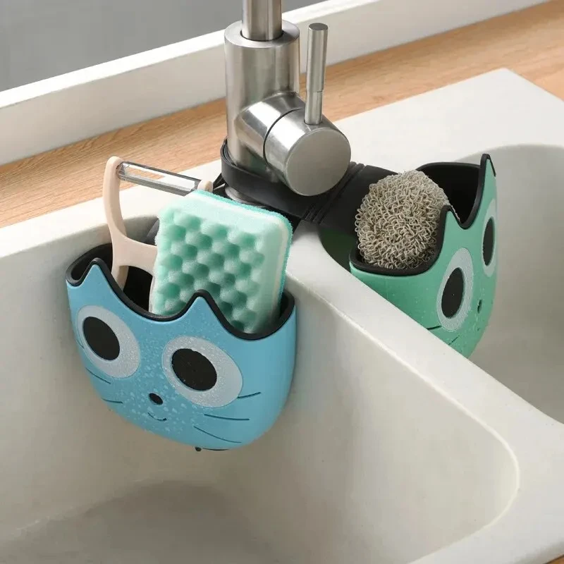 Cute Cat-Shaped Sink Caddy with Drainage - Kitchen & Bathroom Organizer for Sponges, Utensils, and Personal Care Items